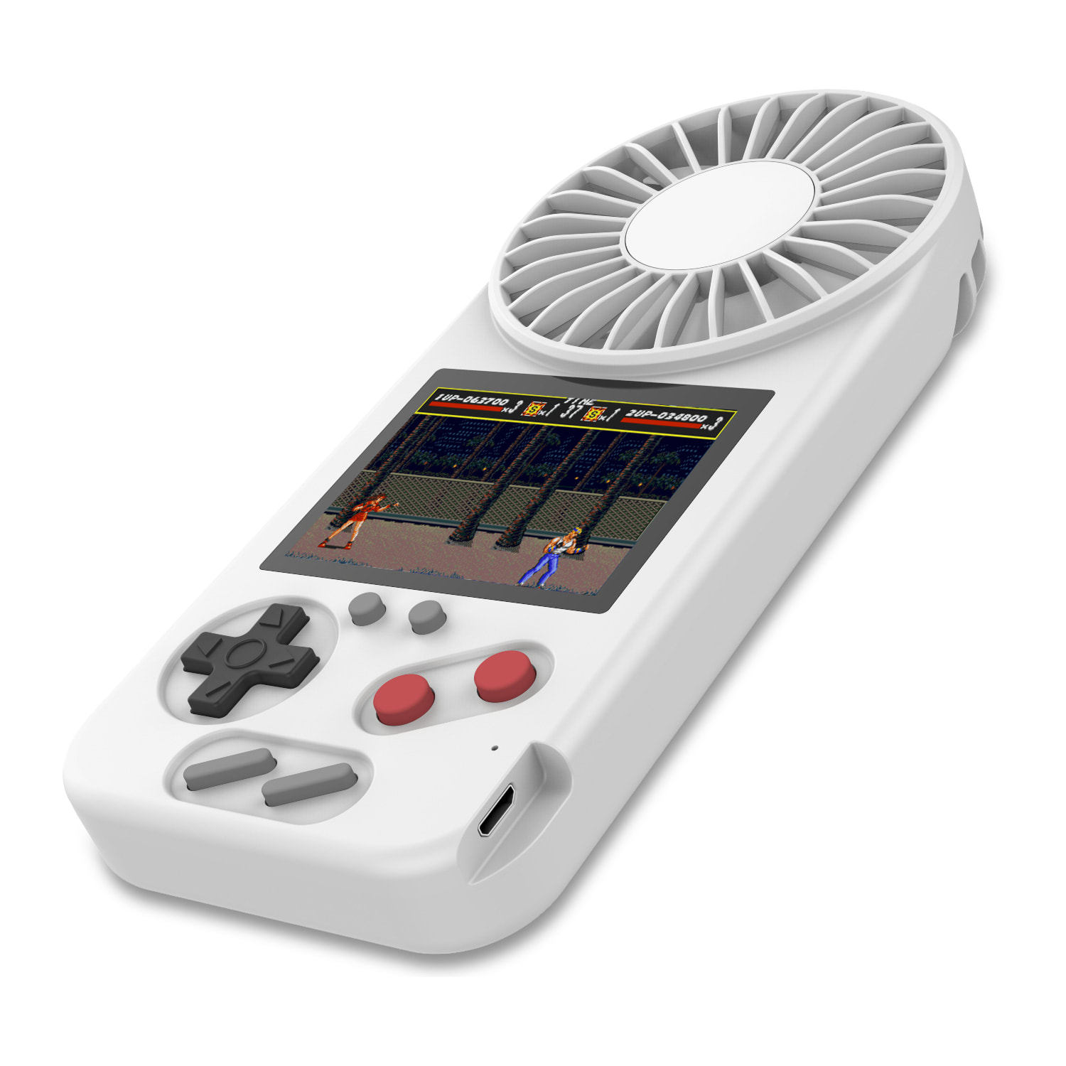 Consola portátil con 500 juegos y ventilador incorporado.