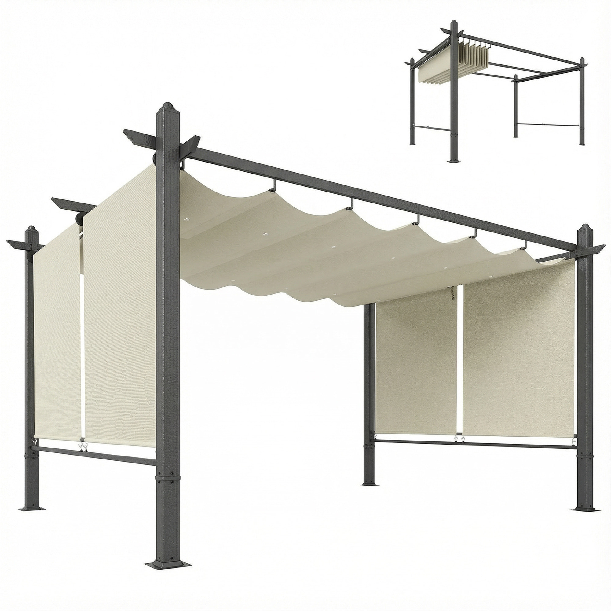 Pérgola de Jardín 4x3 m con Techo Retráctil y 4 Cortinas Enrollables Automáticas, Cenador de Jardín con Protección UV50+, Estructura de Aluminio, Drenaje, Pabellón para Exterior, Crema