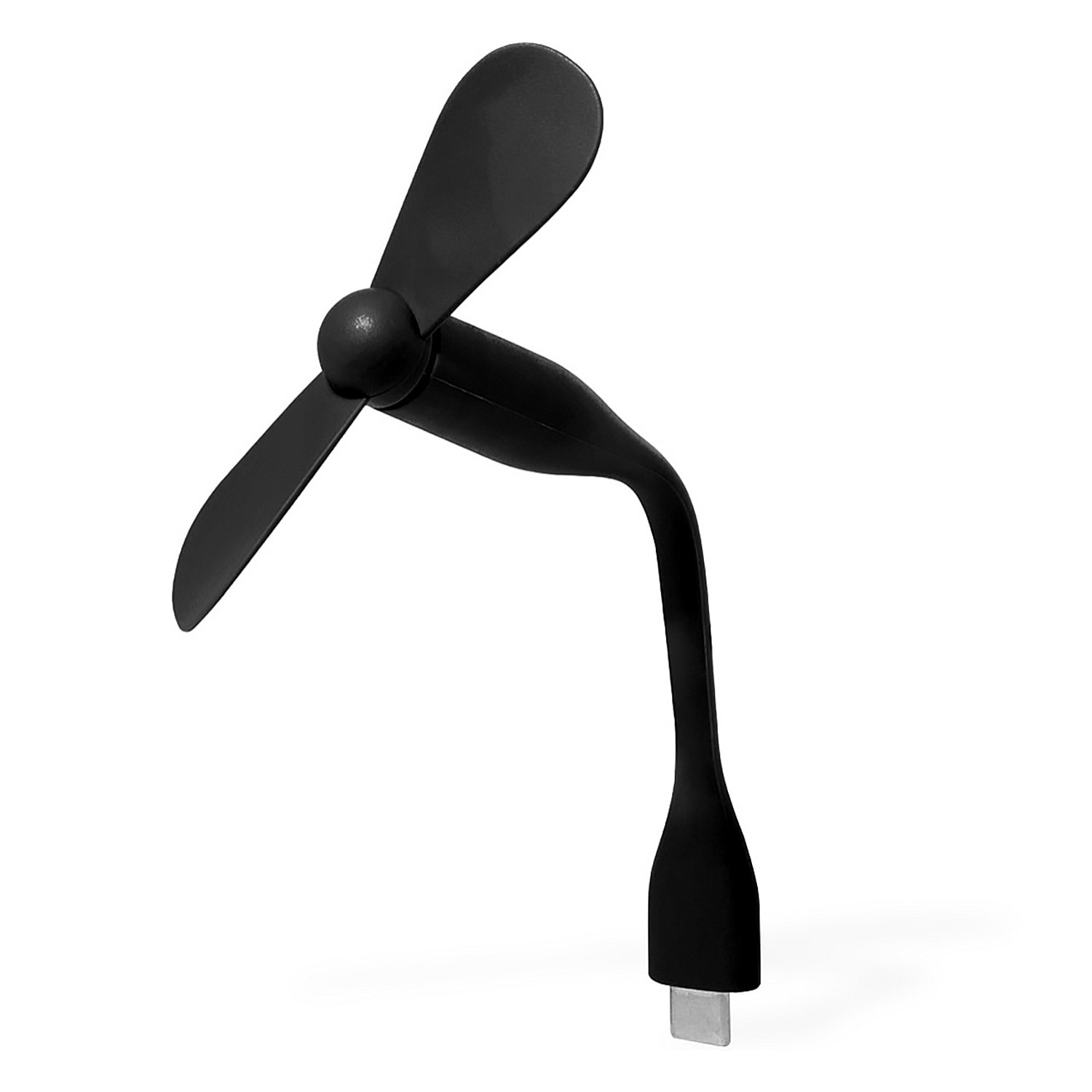 Ventilador flexible compatible con USB-C, con cuello orientable para dirigir el flujo de aire. Compacto, ligero y sin necesidad de baterías, ideal para smartphones, portátiles y baterías externas.