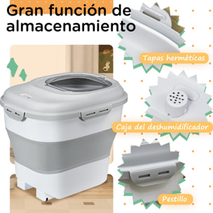 Contenedor de Comida para Perros Plegable 25L Contenedor de Pienso con Ruedas Taza Medidora Cuenco Plegable y Cuchara Contenedor de Comida para Mascotas Gatos Gris