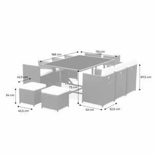 Table de jardin encastrable résine + 10 assises - Vabo - Coloris Nuances de gris. Coussins gris chiné. table encastrable.