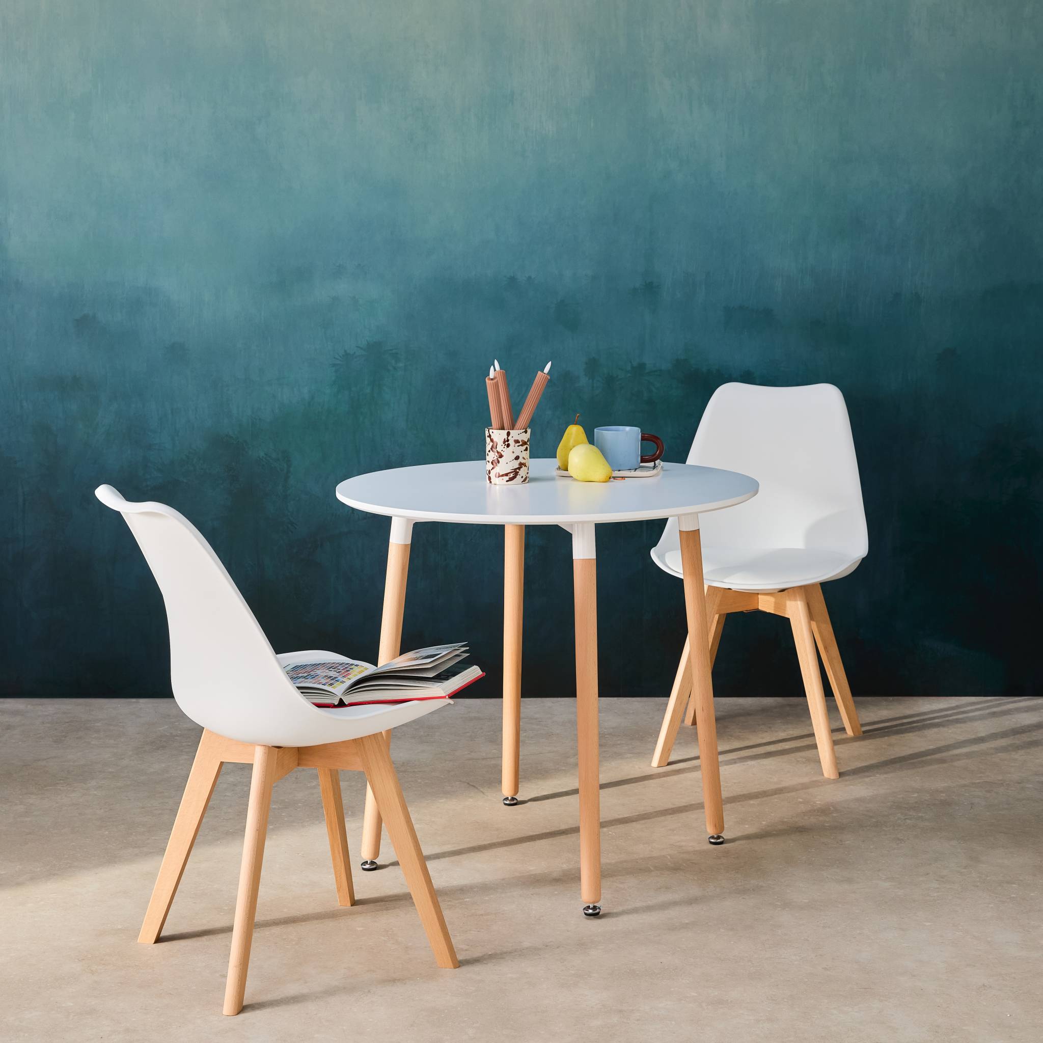 Table à manger ronde Ø80cm et 2 chaises blanches scandinaves - Hedvig