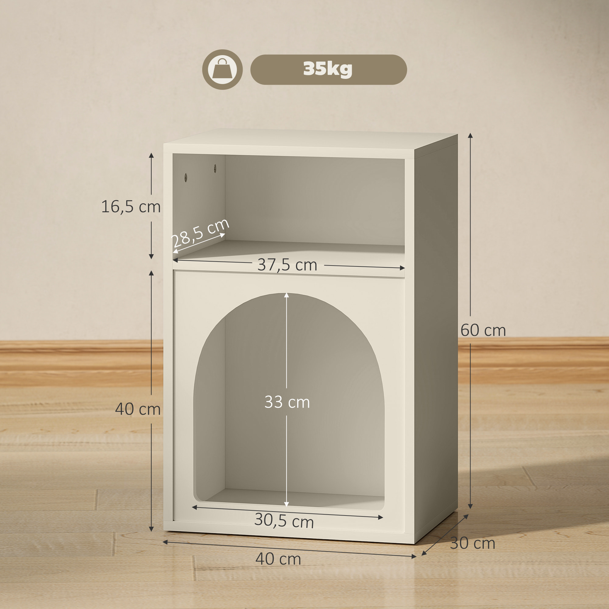 Mesita de Noche Moderna Mesilla de Noche Estrecha con 2 Compartimentos Abiertos Diseño en Forma de Arco Mesa Auxiliar para Salón Dormitorio 40x30x60 cm Crema