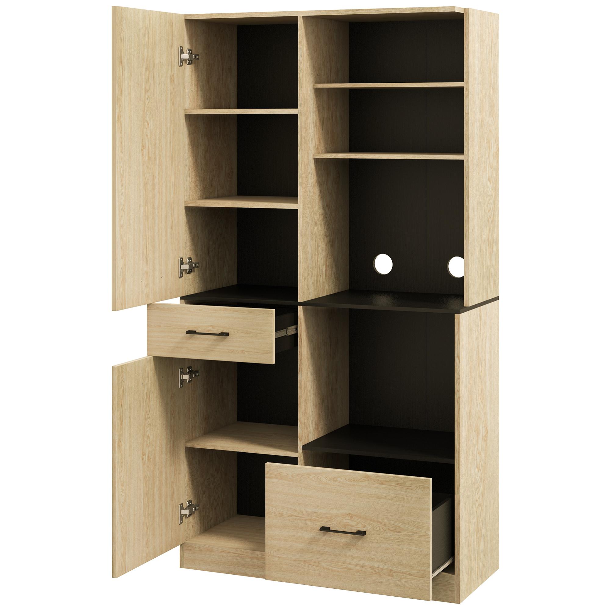 Buffet haut multi-rangement 2 portes 3 étagères 2 tiroirs 4 niches panneaux noir aspect chêne clair