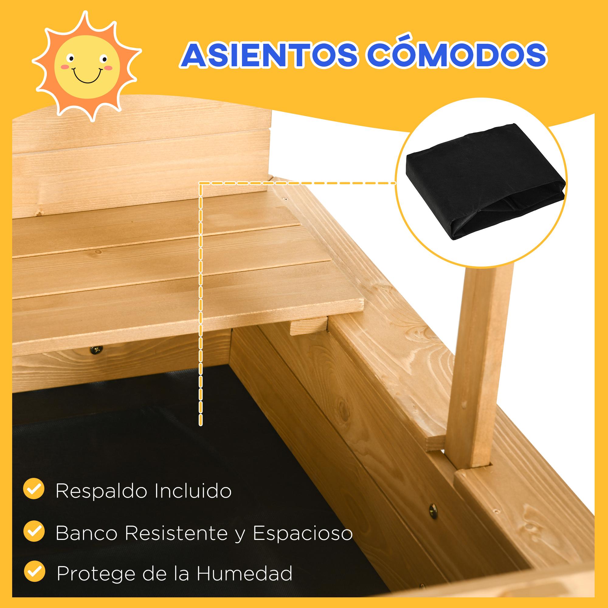 Outsunny Arenero para Niños de Madera Arenero Infantil con Toldo Ajustable en Altura 2 Bancos y Respaldos Desmontables para Patio Jardín 106x106x121 cm Natural y Rayas Verdes