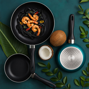 set de batería de cocina de 12pc en acero inoxidable + 3 sartenes ø16ø20ø24cm azul metalizado en aluminio prensado