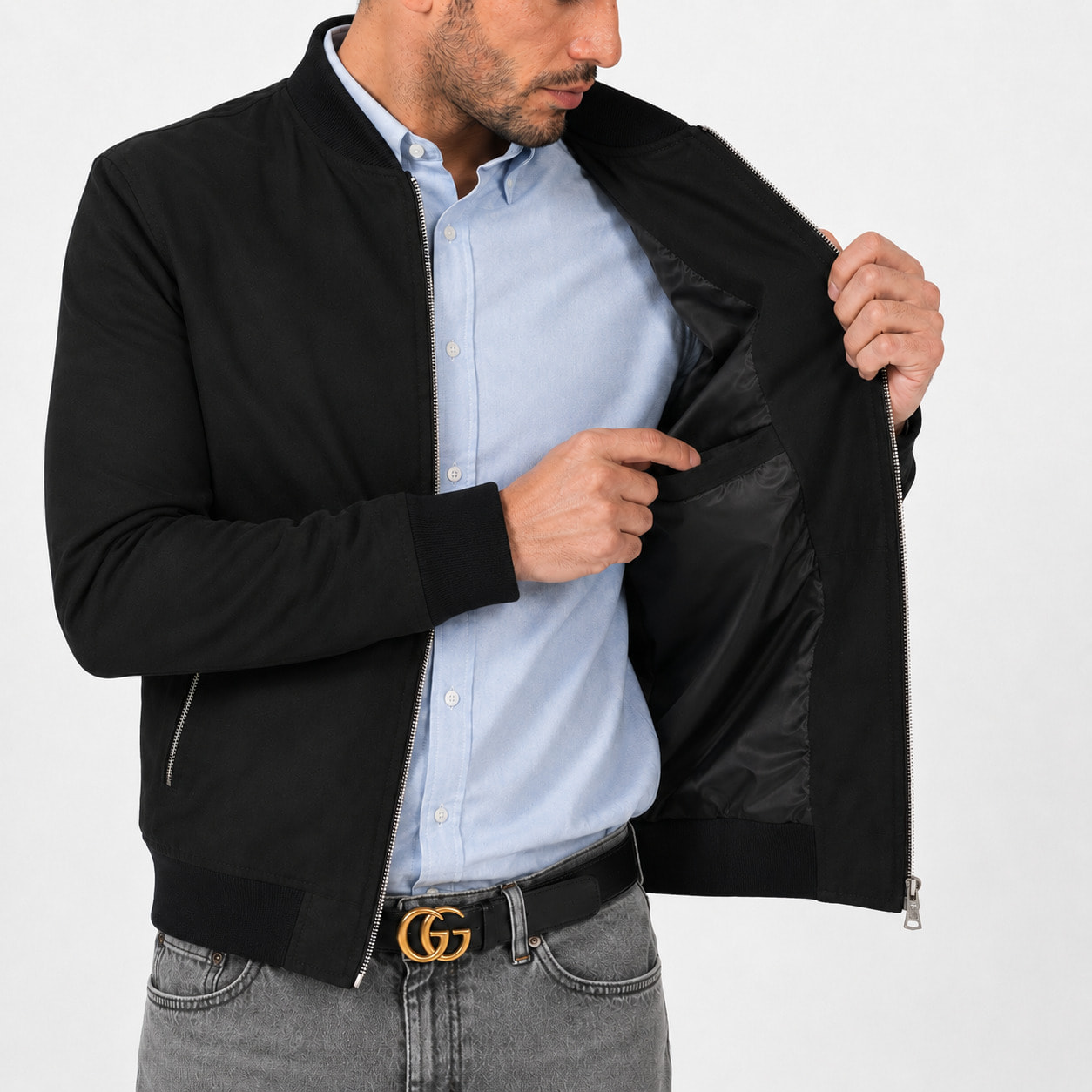 Giubbino in vera pelle di vitello scamosciata Nero-Slim Fit