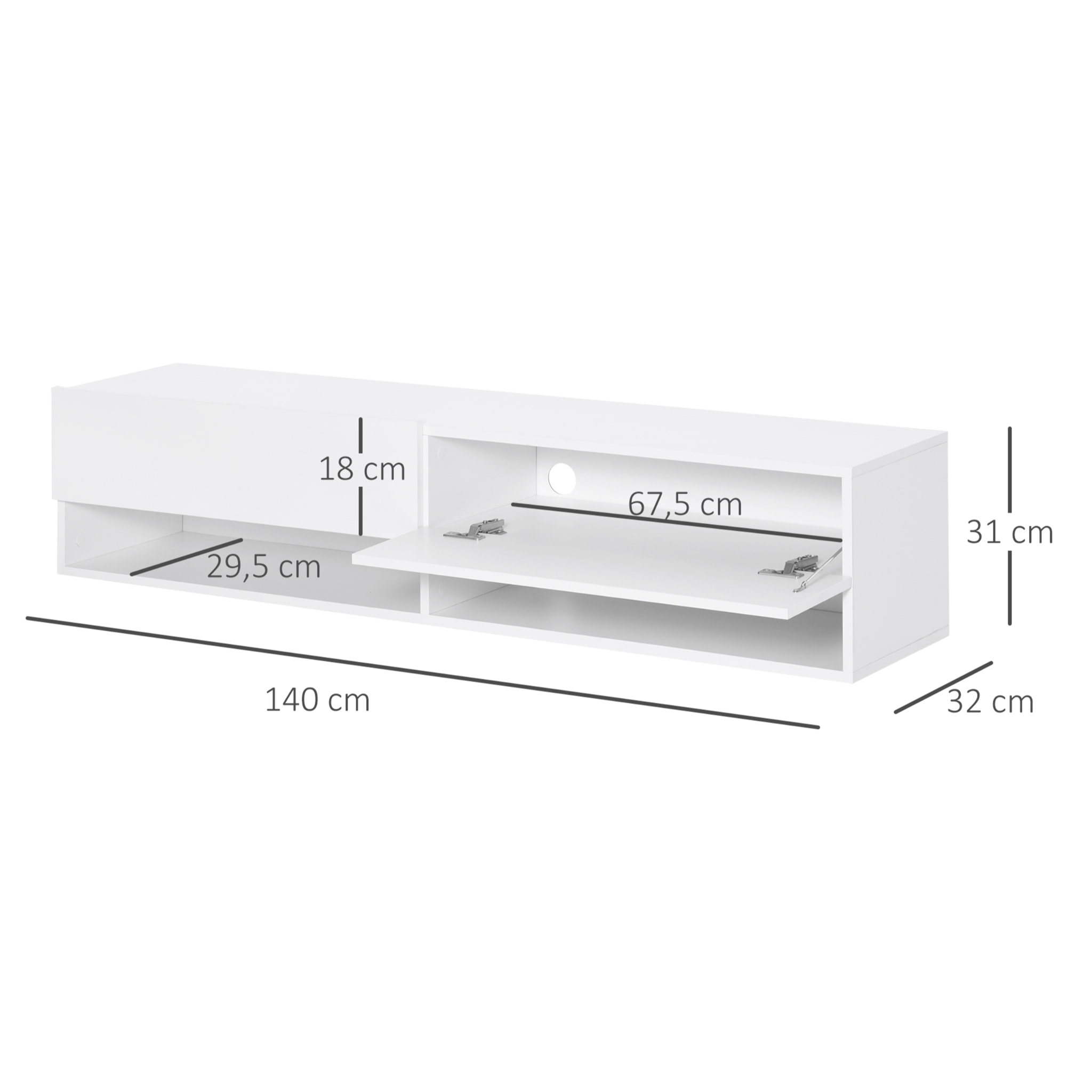 Mueble de TV de Pared Mueble de TV para Salón con 2 Compartimentos y 2 Armarios con Puertas Abatibles Mueble para Televisión de 60 Pulgadas 140x32x31 cm Blanco