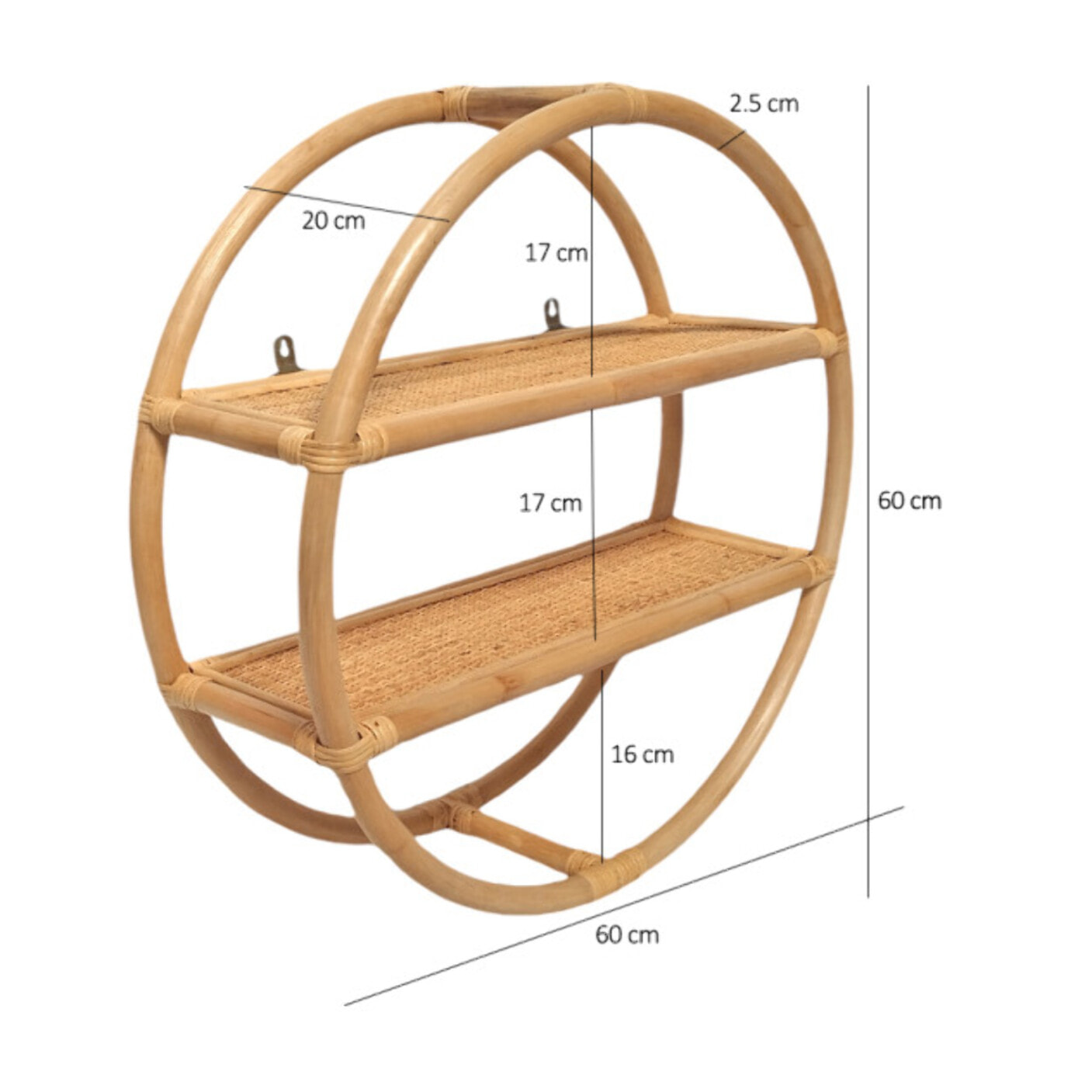 Etagère murale ronde D. 60 cm en rotin naturel avec 2 tablettes - VIVIA