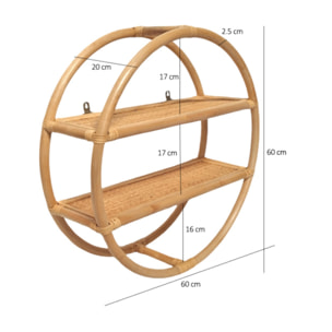 Etagère murale ronde D. 60 cm en rotin naturel avec 2 tablettes - VIVIA