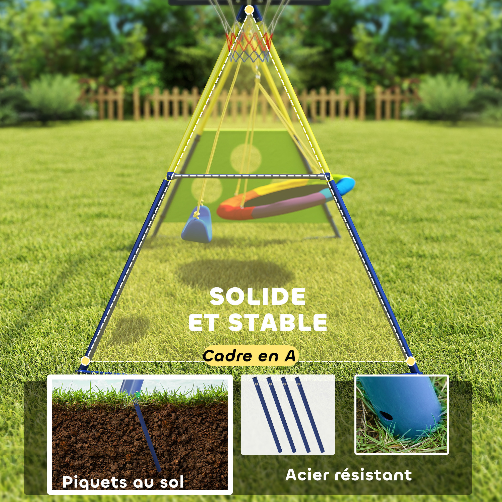 Balançoire portique enfant 4 en 1 acier jaune bleu