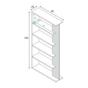 Libreria Columbia, Mobile portalibri bifacciale a 5 ripiani, Scaffale divisorio da ufficio o cameretta, cm 90x25h180, Bianco e Rovere