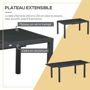 Ensemble de jardin 6 personnes chaises empilables table extensible 150/210L cm alu. teslin gris