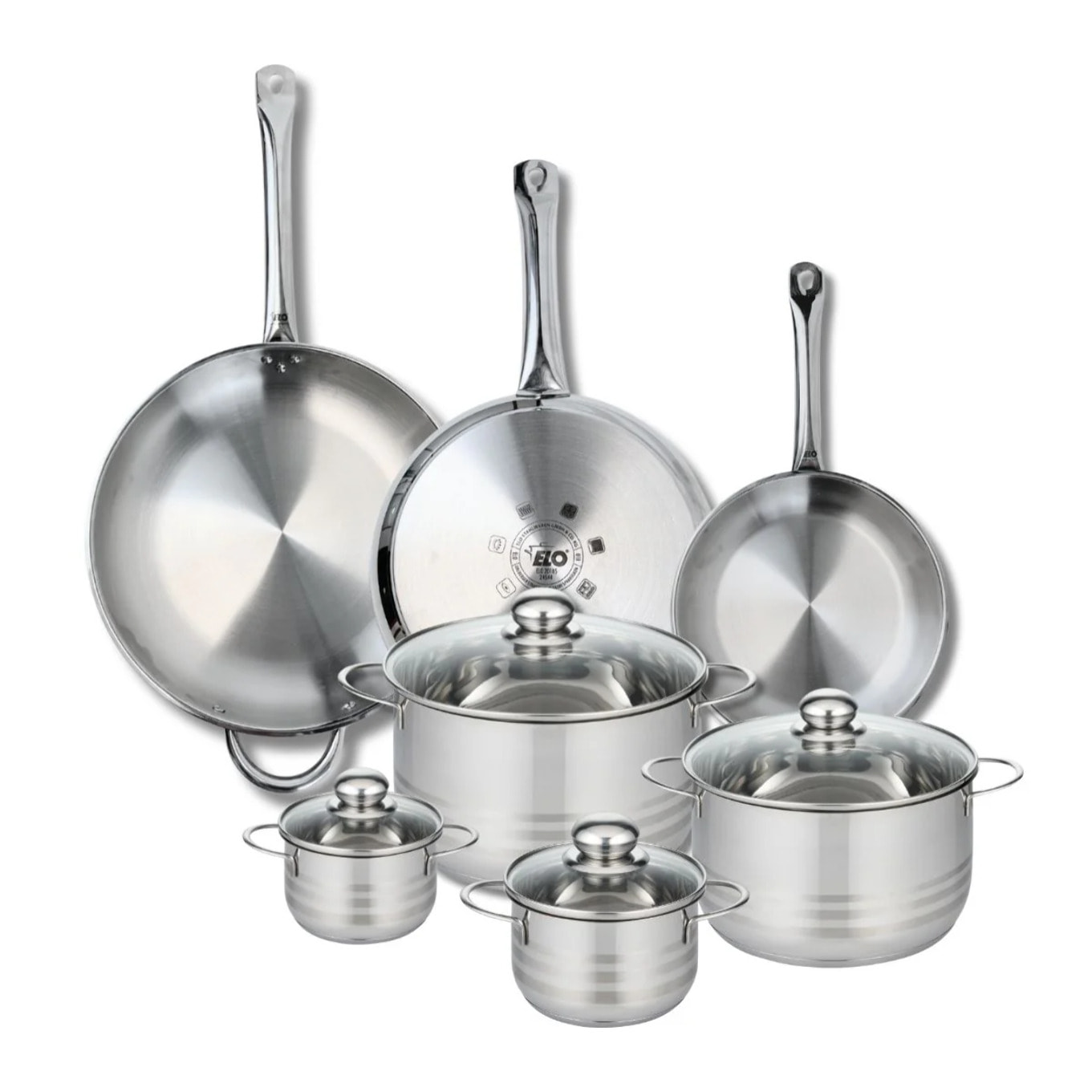 Ensemble de 3 Poêles de cuisson 24, 28 et 32 cm et 4 faitouts 12, 14, 20 et 24 cm Elo Profi Brillant