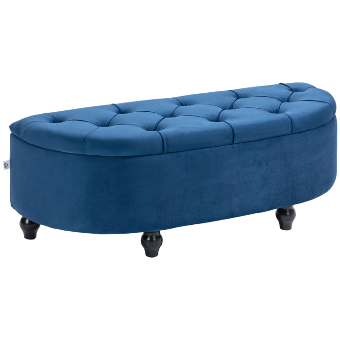 Pouf de rangement coffre 2 en 1 - pouf design classique chic capitonné demi-cercle - pieds bois hévéa noir revêtement velours bleu roi