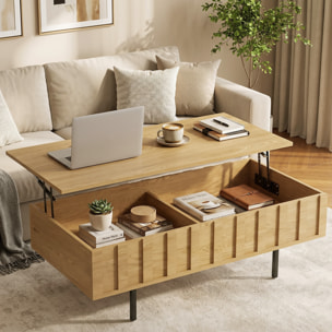 HOMCOM Mesa de Centro Elevable, Mesa de Café para Salón con 2 Compartimentos Ocultos, Patas de Metal para Sala de Estar, Comedor, 110x55x36,5 cm, Roble