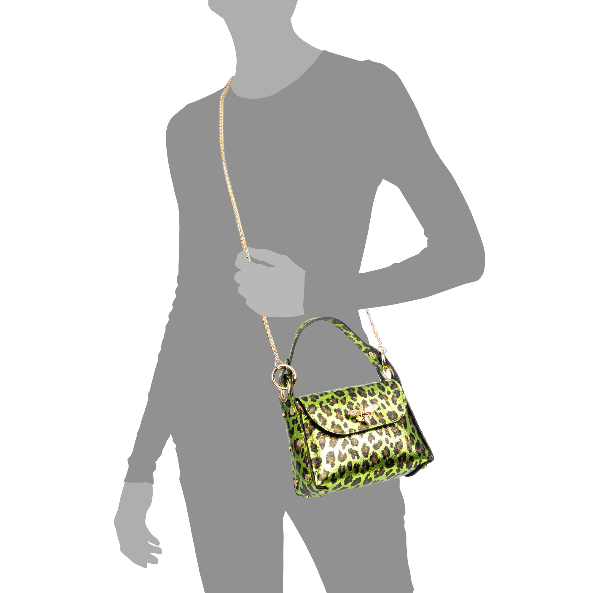 Aquileia bolso de mano mujer. Piel auténtica Gamuza con estampado animal print leopardo lacada brillante.