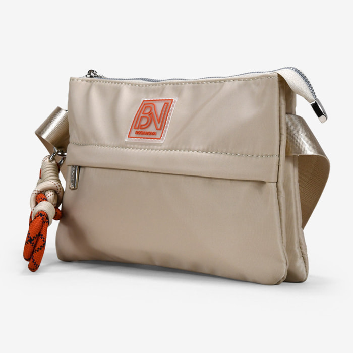 Bolso bandolera tostado en nailon con dos compartimentos
