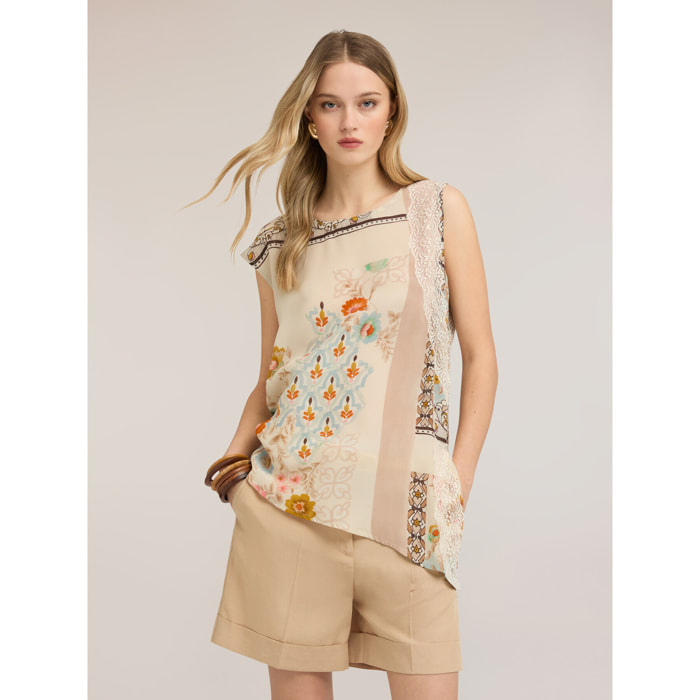 Motivi - Top asimmetrico in raso con stampa - Beige