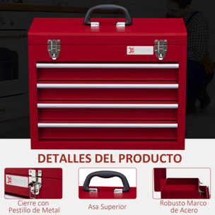 Caja de Herramientas de Acero con 4 Cajones Tapa Abatible Bandeja Superior Cierres Metálicos y Asa Maletín de Herramientas Portátil para Taller Bricolaje Hogar 51x22x39,5 cm Rojo