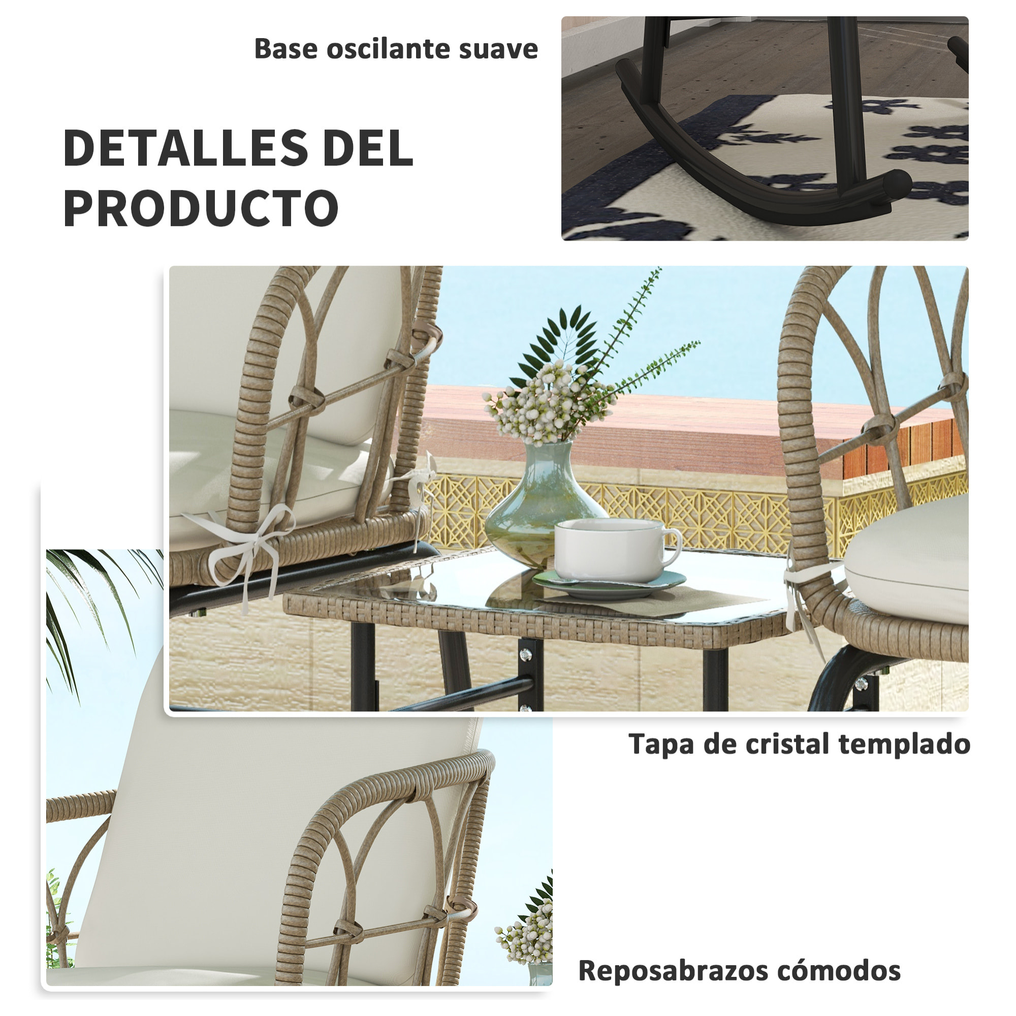 Conjunto de Muebles de Ratán de 3 Piezas Cojunto de Mecedoras de Jardín con 1 Mesa de Centro 2 Mecedoras y Cojines para Jardín Terraza Patio Crema y Beige