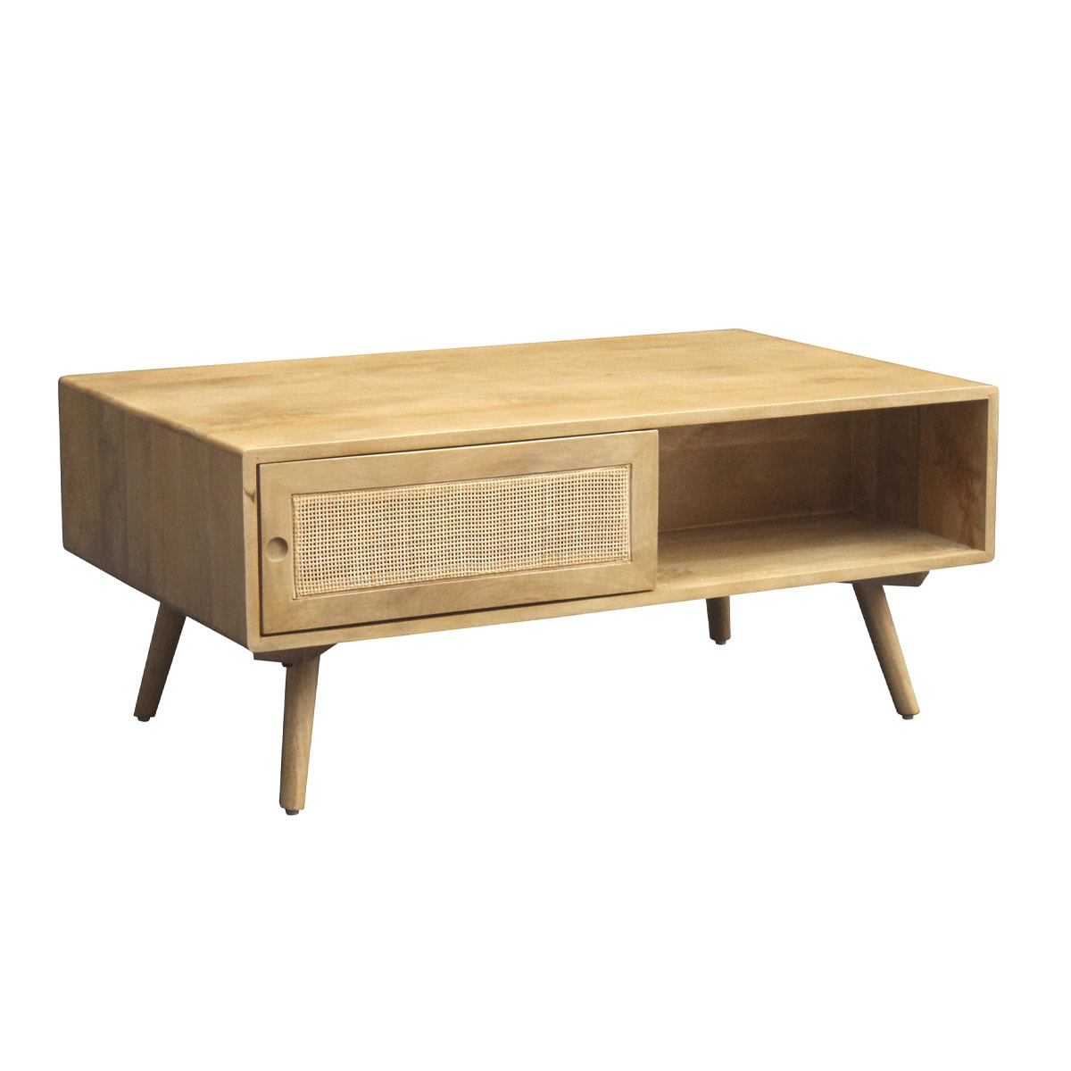 Table basse rectangulaire avec rangements en bois manguier massif et cannage rotin L100 cm ACANGE