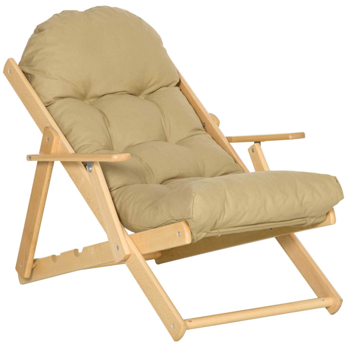 Fauteuil chaise pliable et inclinable en bois grand confort avec coussin capitonné épais - dim. 71I x 89P x 96H cm - beige