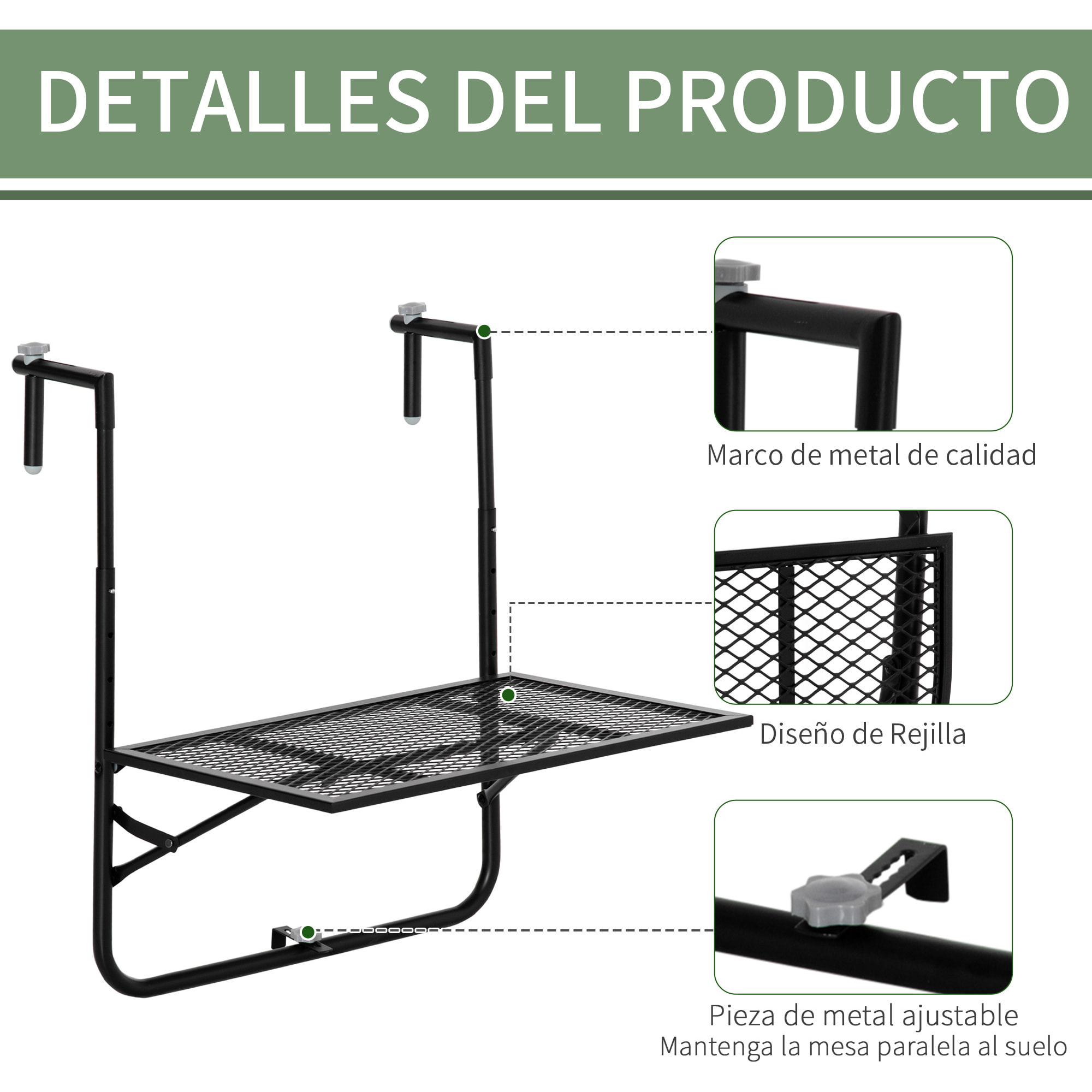 Mesa Colgante de Balcón, Mesa Plegable para Balcón de Metal para Barandilla, con Altura Ajustable en 4 Niveles, Carga 10 kg, para Terraza, Jardín, Exterior, 60x60x57-72 cm, Negro