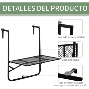 Mesa Colgante de Balcón, Mesa Plegable para Balcón de Metal para Barandilla, con Altura Ajustable en 4 Niveles, Carga 10 kg, para Terraza, Jardín, Exterior, 60x60x57-72 cm, Negro