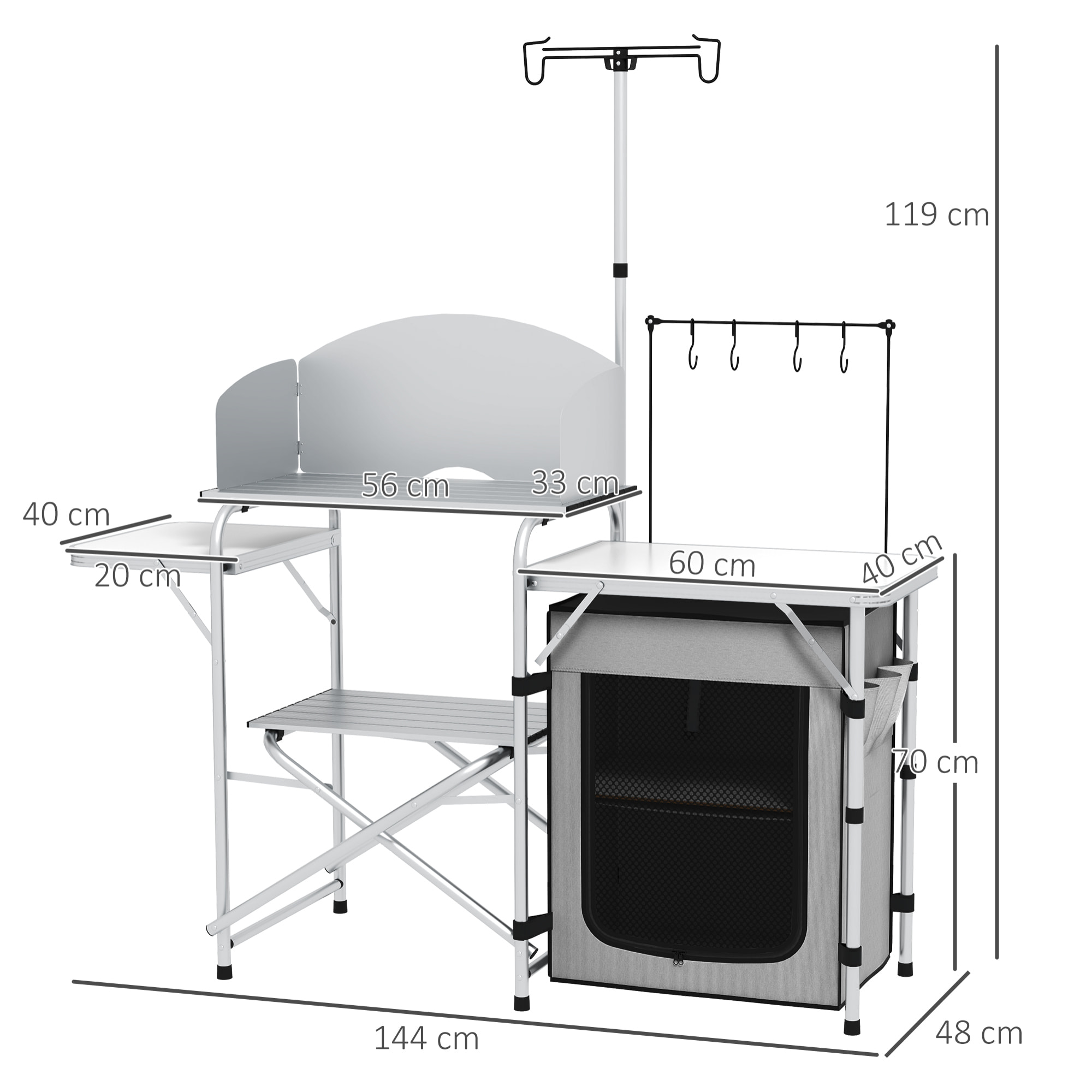 Mueble de Cocina para Camping Armario para Camping Plegable con Mesas Estantes Poste de Luz Elevable y Bolsa de Transporte para Acampada Picnic 144x48x119 cm Plata y Gris Claro