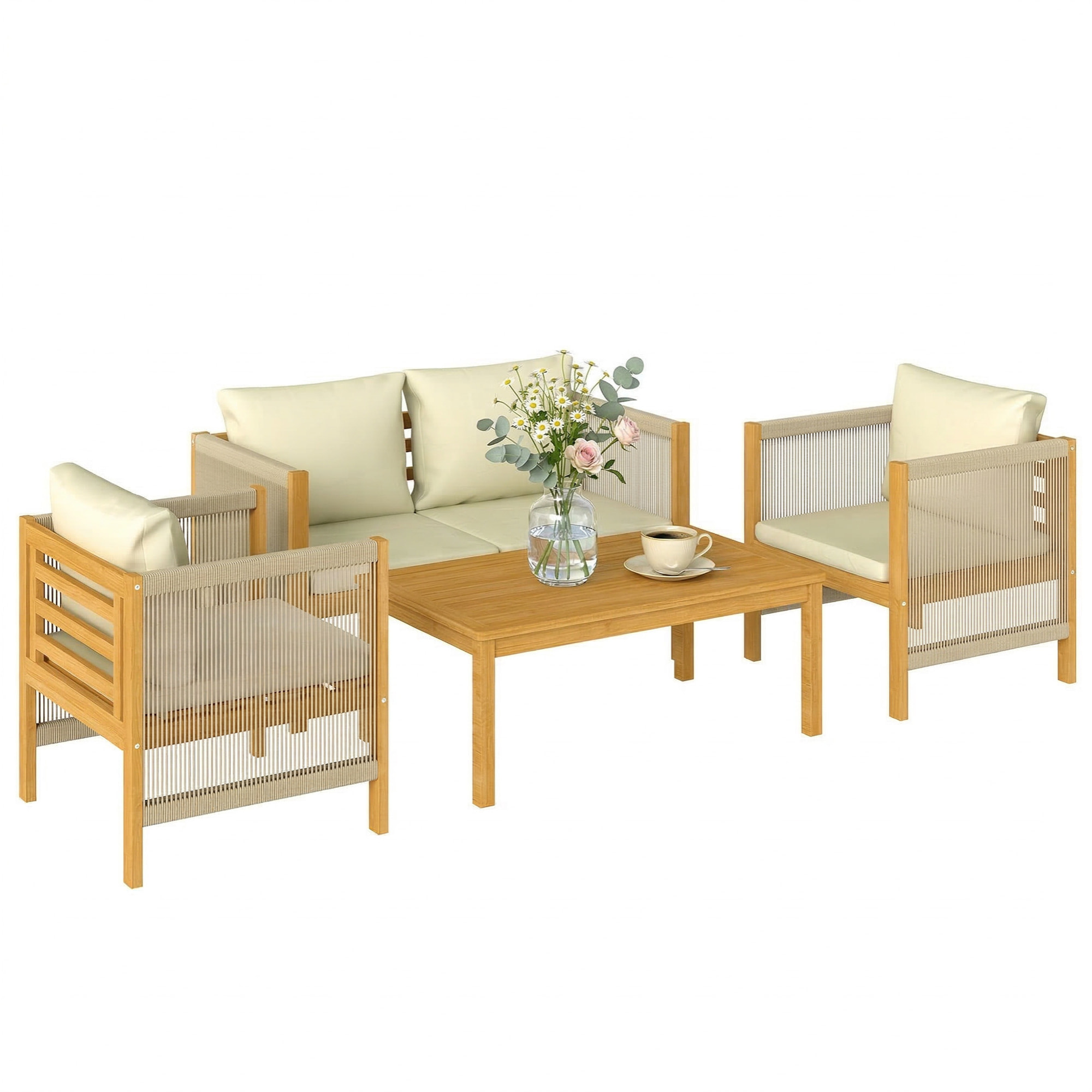 Conjunto de Jardín Exterior de 4 Piezas, Muebles Jardín Exterior con Sofá de 2 Plazas, 2 Sillones, Mesa de Madera de Acacia, Cojines Acolchados y Decoración de Cuerda PP, para Terraza, Beige