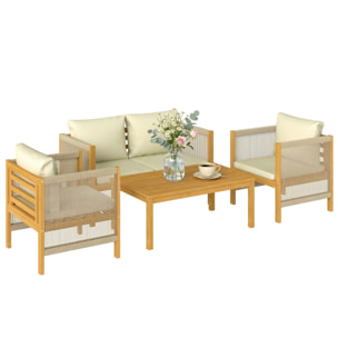 Conjunto de Jardín Exterior de 4 Piezas, Muebles Jardín Exterior con Sofá de 2 Plazas, 2 Sillones, Mesa de Madera de Acacia, Cojines Acolchados y Decoración de Cuerda PP, para Terraza, Beige