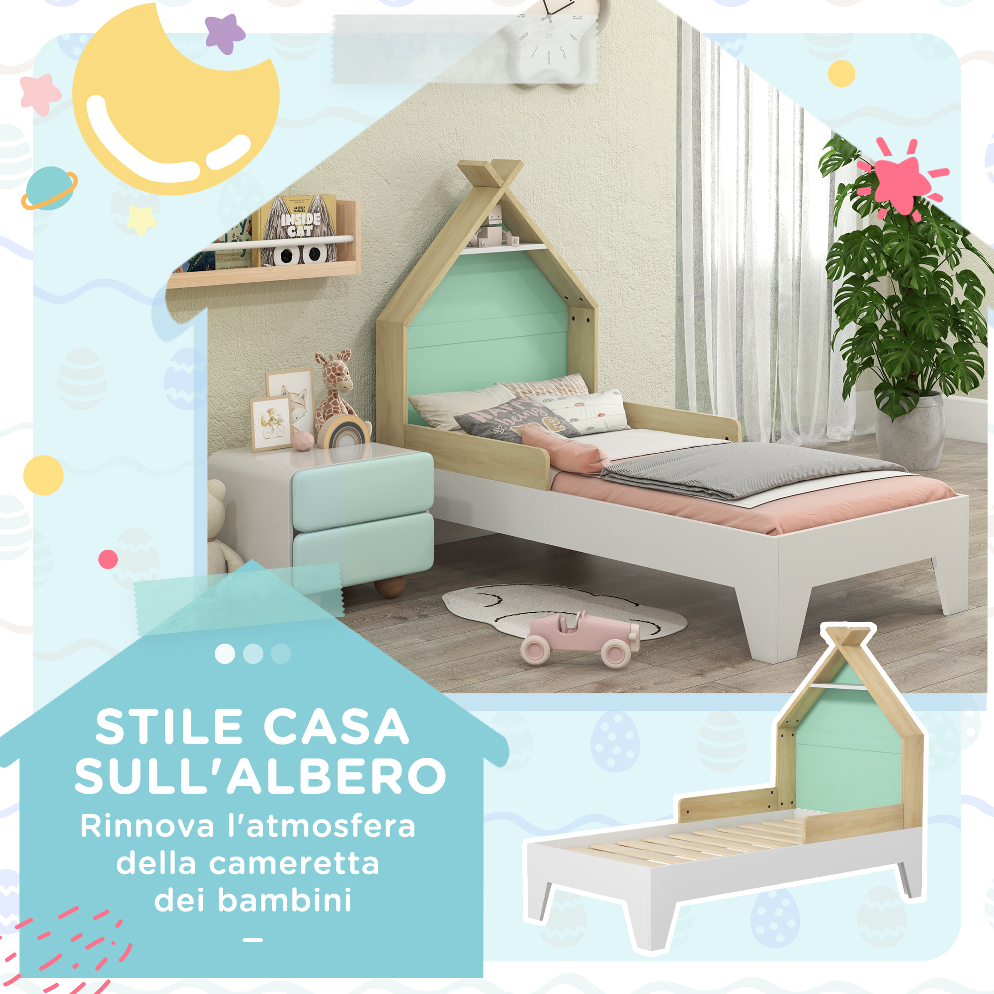 AIYAPLAY Letto per Bambini 3-8 Anni a Casetta con Sponde in Legno, 144x74x110cm, Verde