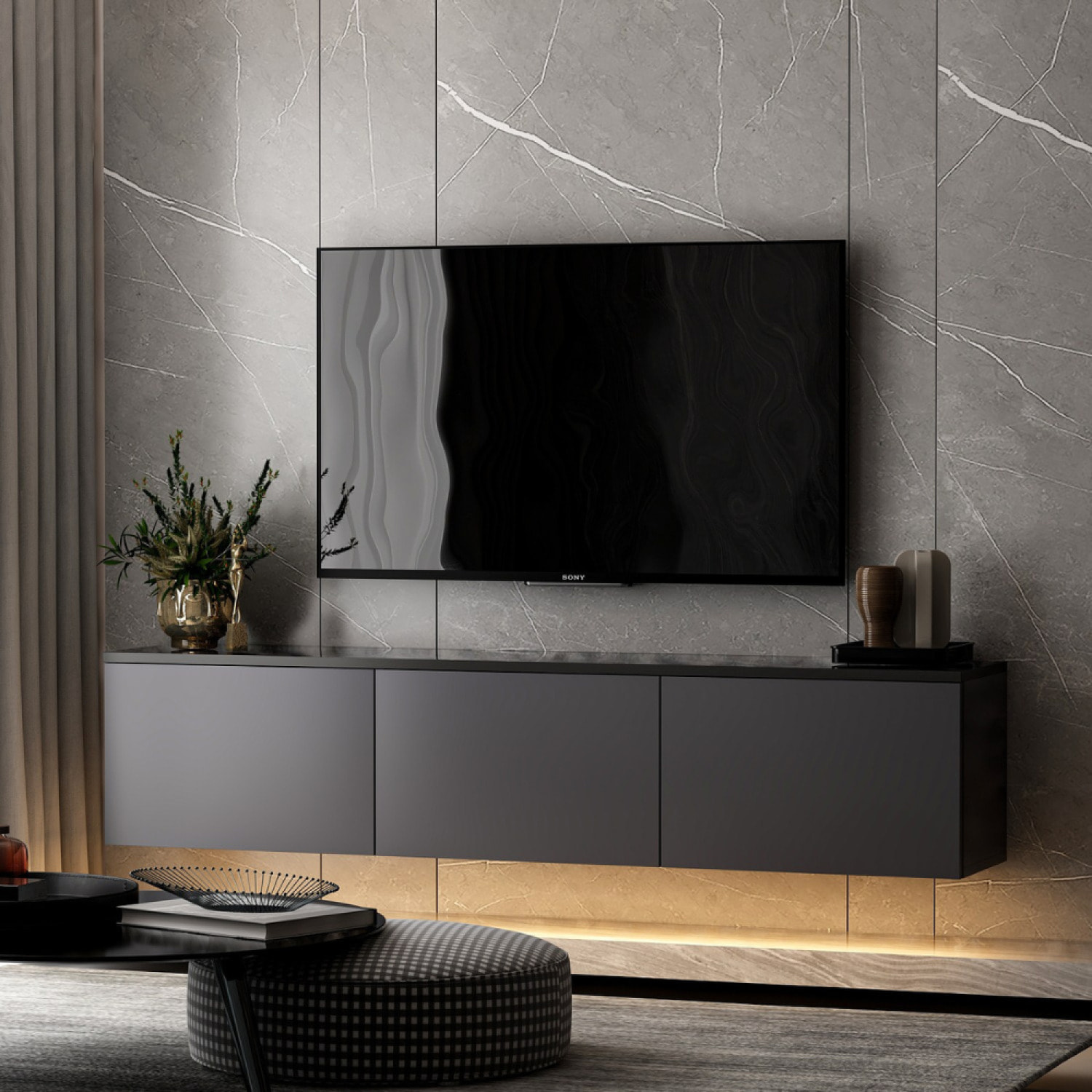 NADI - Meuble TV contemporain anthracite avec rangement 160 cm
