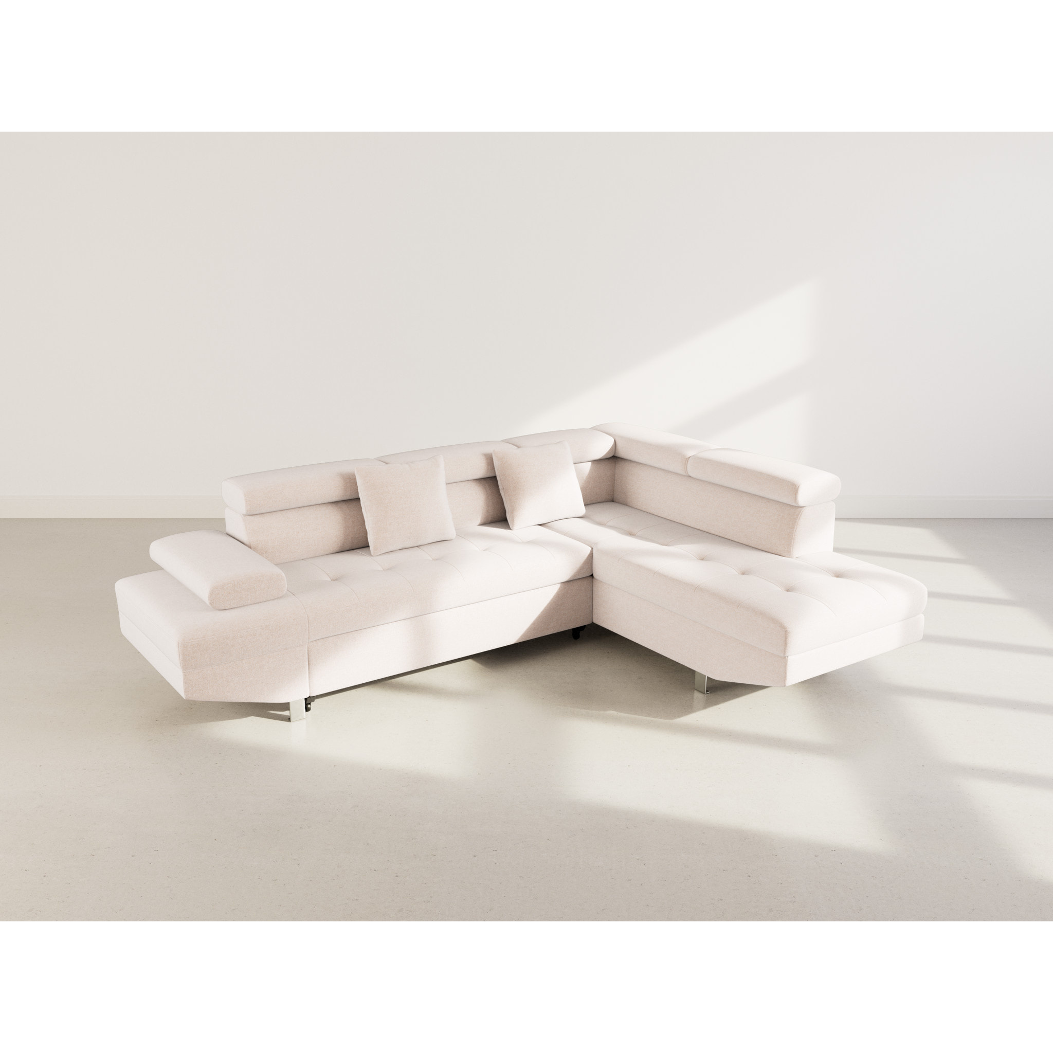 Margaux - Canapé d'angle droit 5 places convertible avec coffre et têtières réglables en velours texturé - Beige