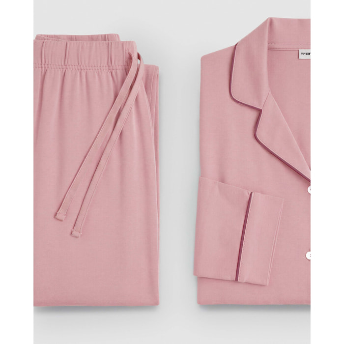 Pijama largo camisero algodón liso rosa