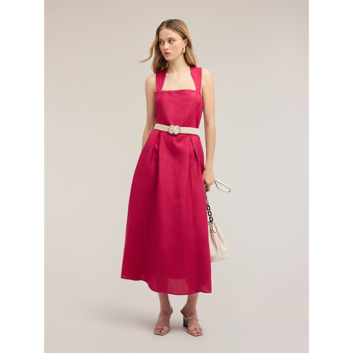 Motivi - Vestido con escote cuadrado en mezcla de lino - Fuchsia