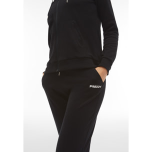 Tuta donna in cotone interlock con zip e cappuccio bordato