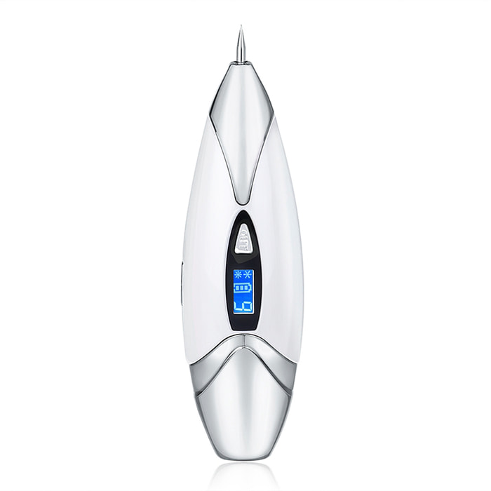 Penna elettrica per rimuovere le imperfezioni della pelle (nevi, macchie, verruche, lentiggini, ecc.). Con batteria ricaricabile e 9 livelli di intensità. Include 10 aghi sottili e 1 spesso.