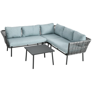 Outsunny Set da Giardino 4 Pezzi in Rattan con Tavolino da Caffè, 2 Divani ad Angolo e Poltroncina, Nero Grigio e Blu