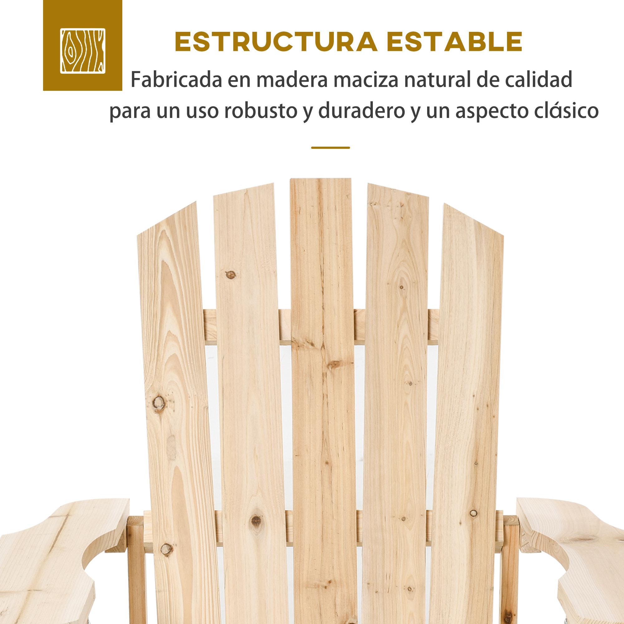 Silla Adirondack de Madera Silla de Jardín con Asiento Extra Ancho Carga 150 kg para Patio Terraza Balcón 78x89x88 cm Natural