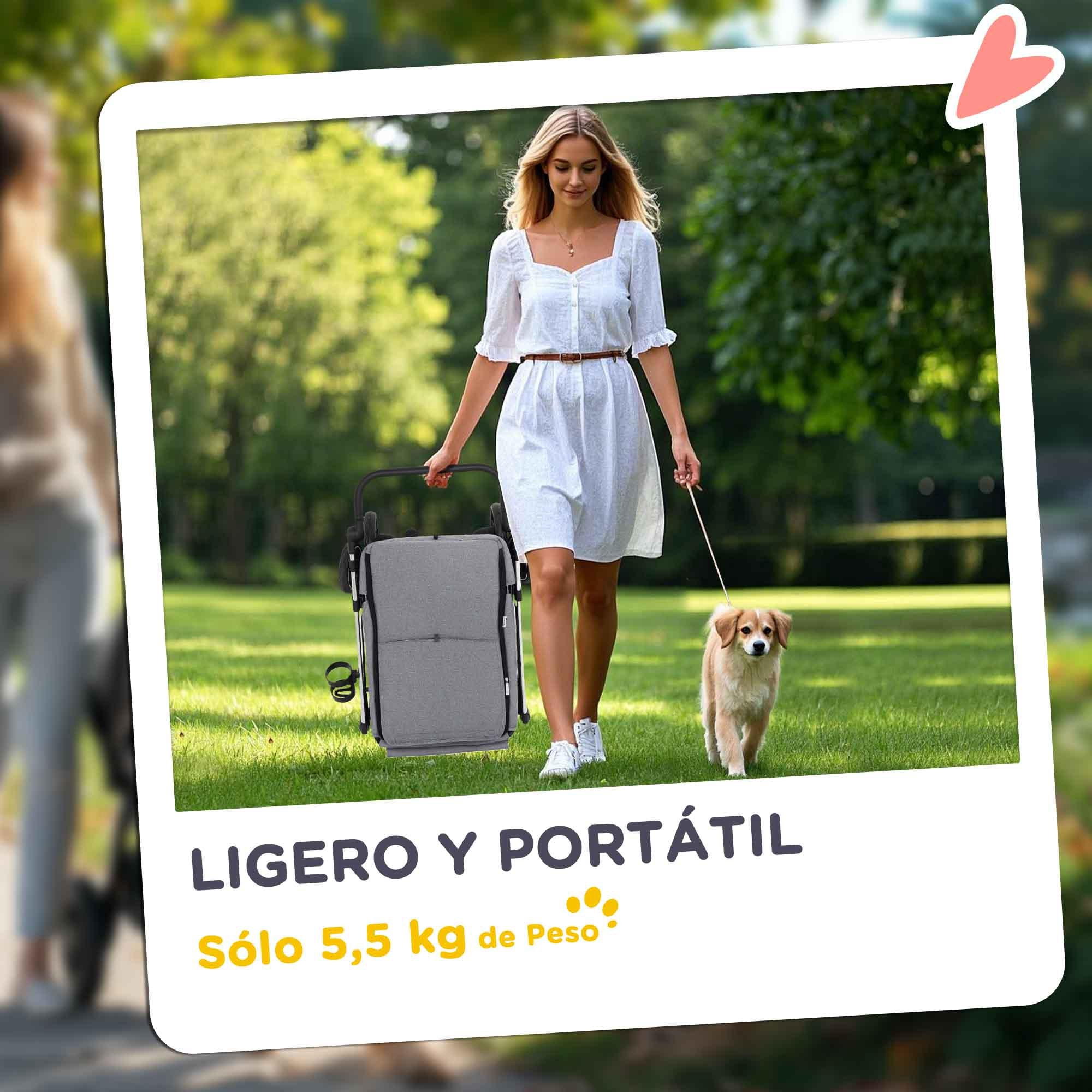 Carrito para Perros Plegable Cochecito para Perros Pequeños hasta 10 kg con Ruedas Universales Marco de Aluminio Correa de Seguridad Cojín Lavable y Ventanas 80x48,5x106 cm Gris