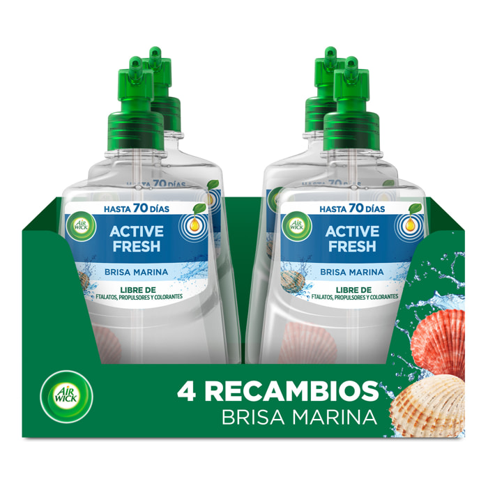 Air Wick Active Fresh Spray Automatico Sin Aerosol - Ambientador para casa con aroma a Brisa Marina - 4 Recambios (4x 228ml)