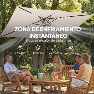 Sombrilla Terraza Exterior, 2,9x2,5 m, Sombrilla de Jardín con 24 Luces LED Solares, Dosel Inclinable, Poste Metálico, Parasol para Patio, Terraza, Crema