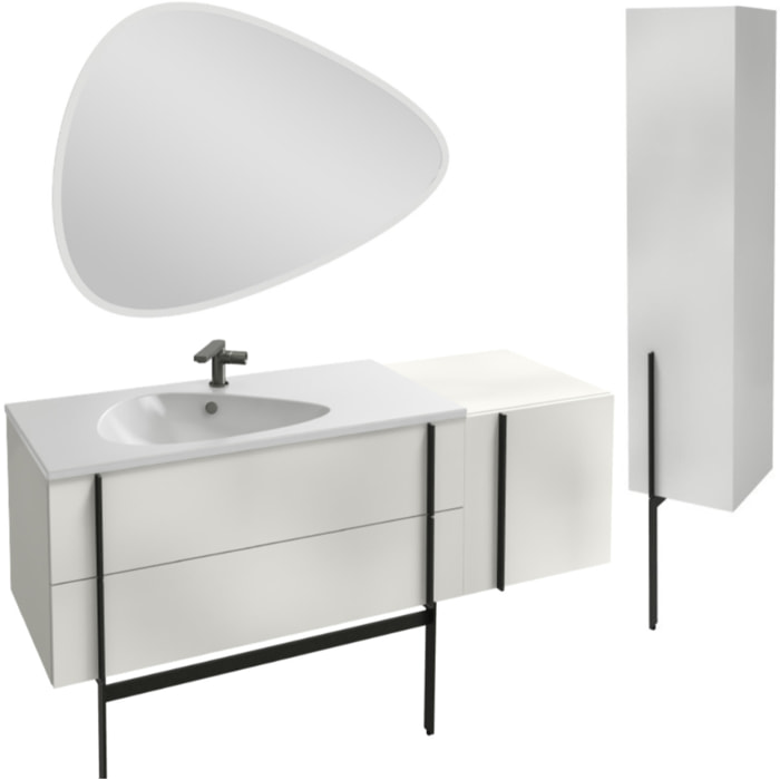 Meuble vasque 145 cm Nouvelle Vague blanc brillant + tiroir rack + colonne + miroir + pied