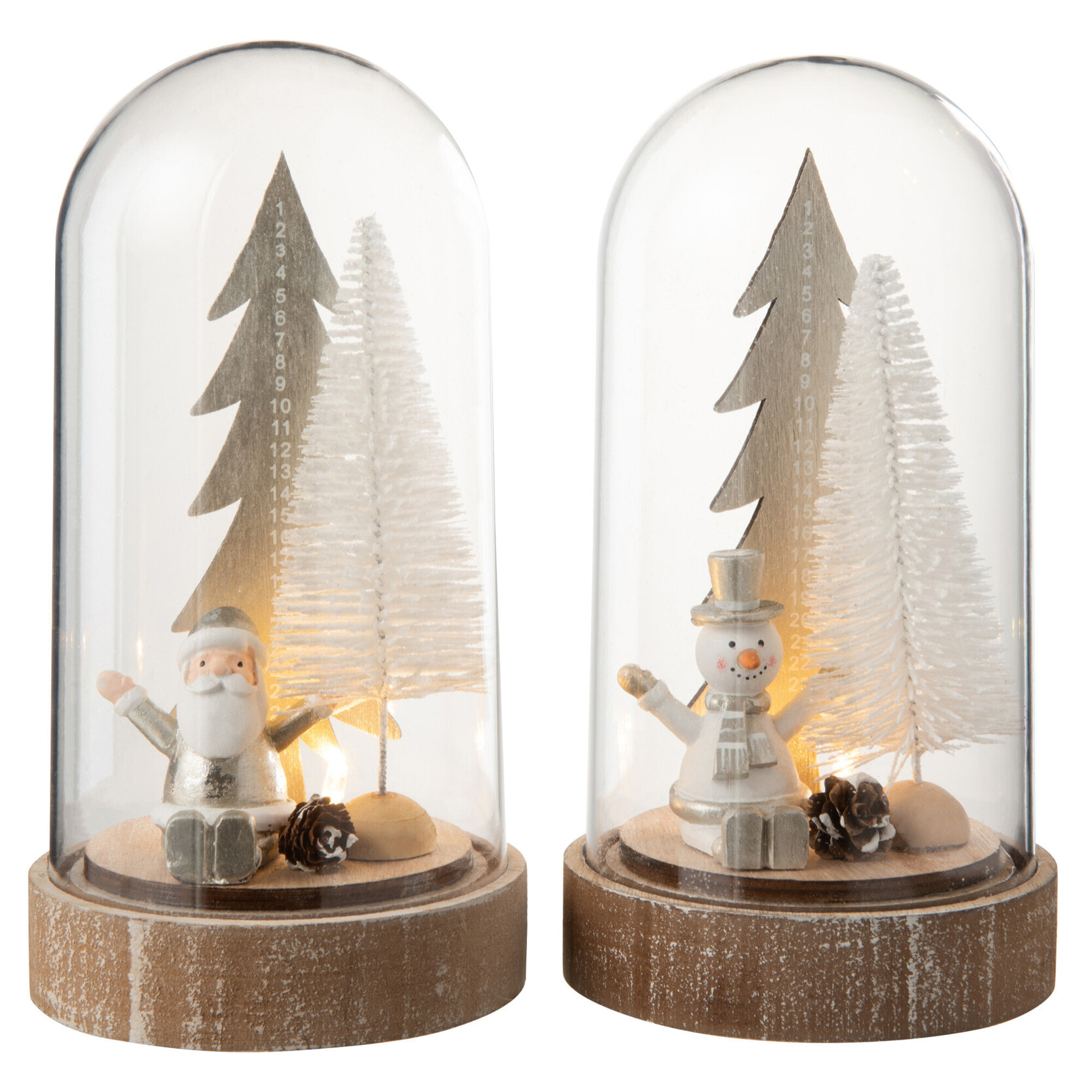 J-Line décoration cloche Noël - bois - argent/blanc - large - 2 pcs - LED