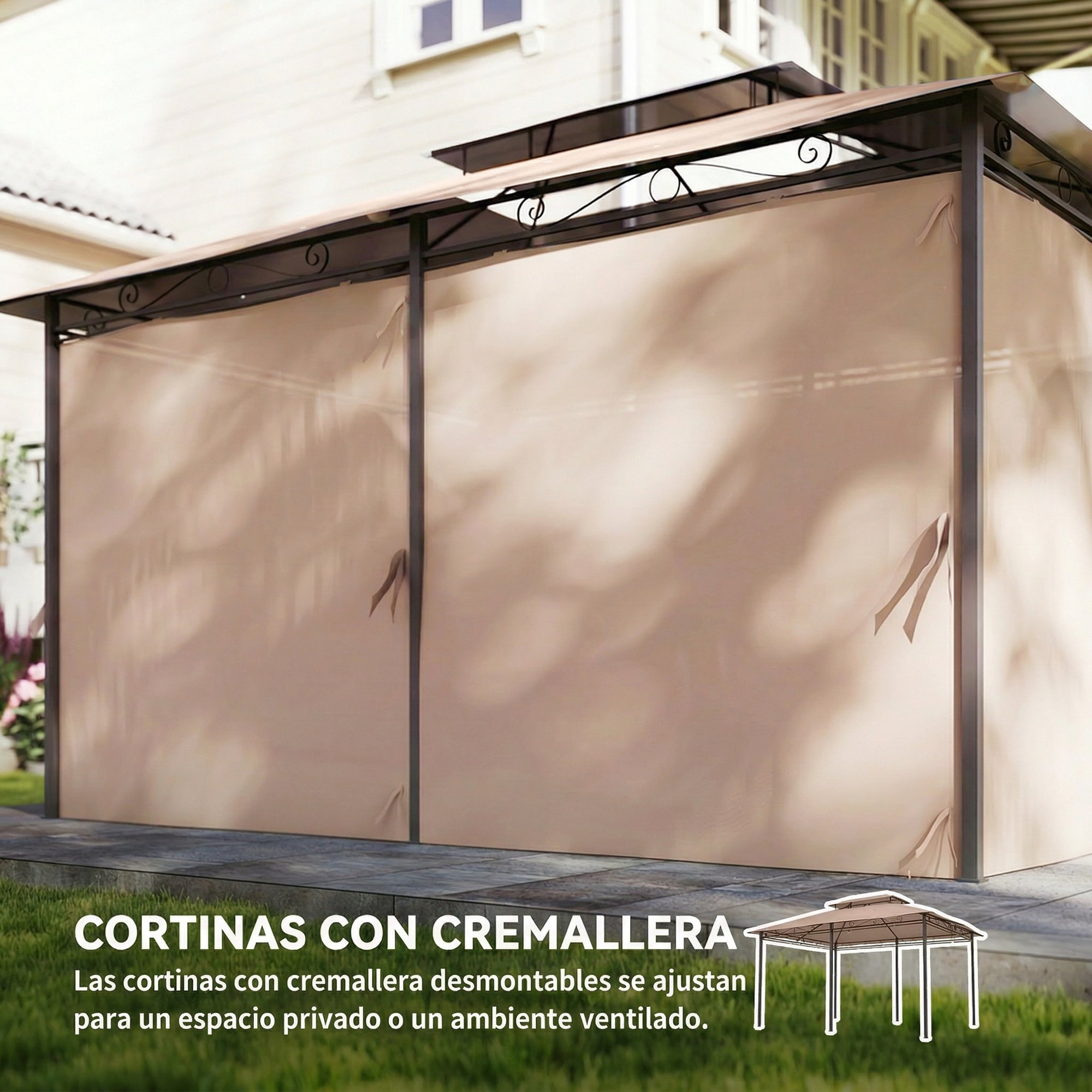 Cenador para Jardín 3x4 m, Pabellón de Jardín, Gazebo con Doble Techo, 6 Paredes Laterales, Estructura Metálica, Drenaje, Carpa para Exterior, Terraza, Patio, Caqui