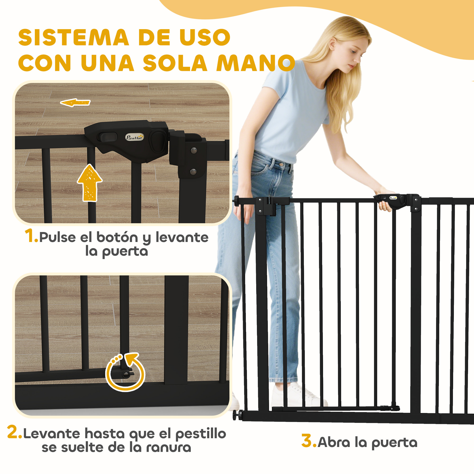Barrera de Seguridad para Perros Extensible 74-94 cm, para Puertas y Escaleras, Barrera para Perros con Montaje a Presión, Doble Bloqueo y Extensión de 14 cm, Negro