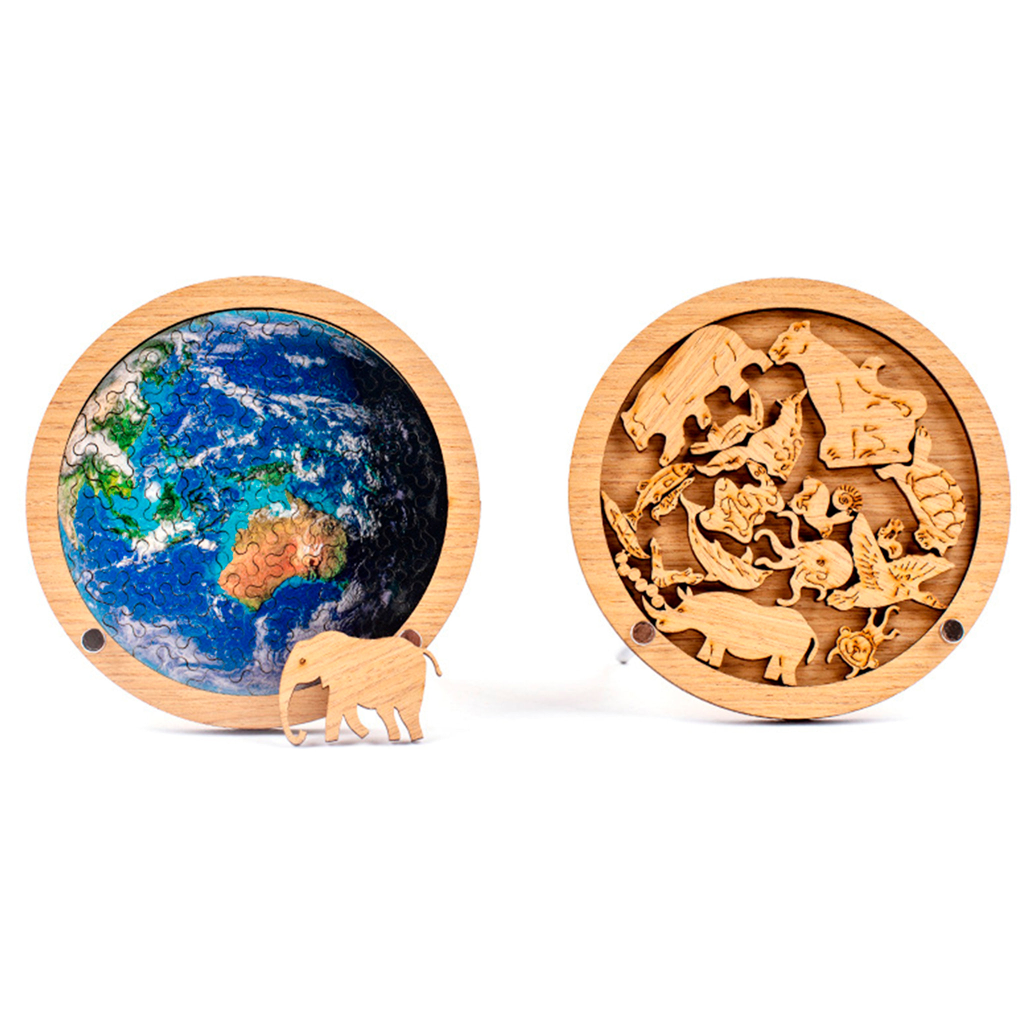 Puzle doble y marco de madera con 34 + 20 piezas. Diseño Tierra y animales.