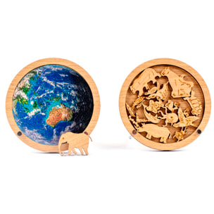 Puzle doble y marco de madera con 34 + 20 piezas. Diseño Tierra y animales.